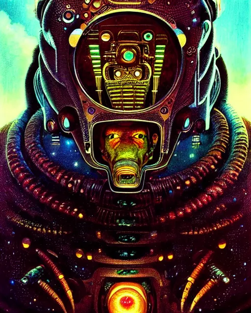 Prompt: unknown creature, character portrait, portrait, close up, concept art, intricate details, highly detailed, vintage sci - fi poster, retro future, vintage sci - fi art, in the style of chris foss, rodger dean, moebius, michael whelan, and gustave dore