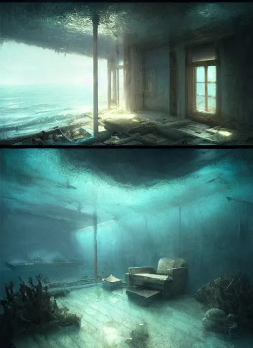 Image similar to inside a house that is sinking in the ocean, water is about mid level, furniture is half way submerged, concept art, highly detailed, cinematic lighting, digital art painting by greg rutkowski