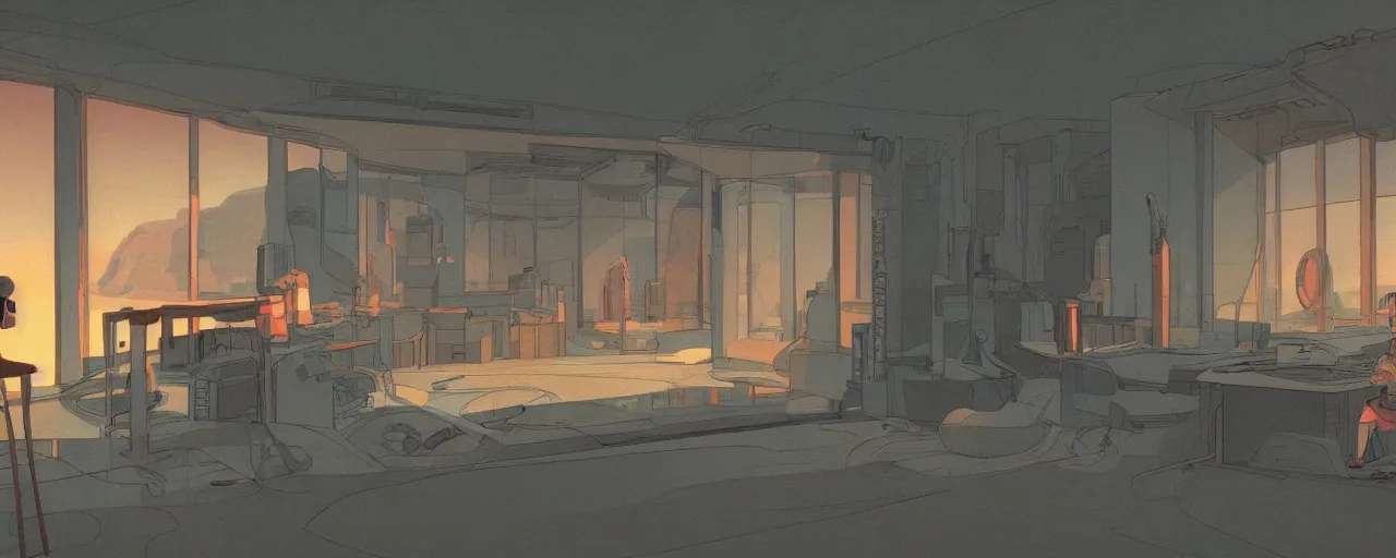 Prompt: panoramic widescreen view, a lo-fi room full of things, detailed digital painting, masterpiece, rendered in Octane, by Moebius, Jeof Darrow and Ralph McQuarrie.