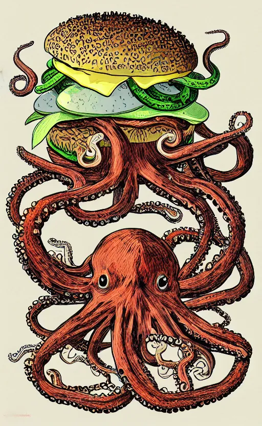 Prompt: very highly detailed illustration of octopus eating a burger, symmetrical, hd, trending, silk screen