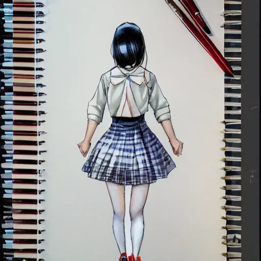 Image similar to a perfect, realistic professional digital sketch of a Japanese schoolgirl in style of Marvel, full length, by pen and watercolor, by a professional American artist on ArtStation, a hollywood-style sketch, on high-quality paper