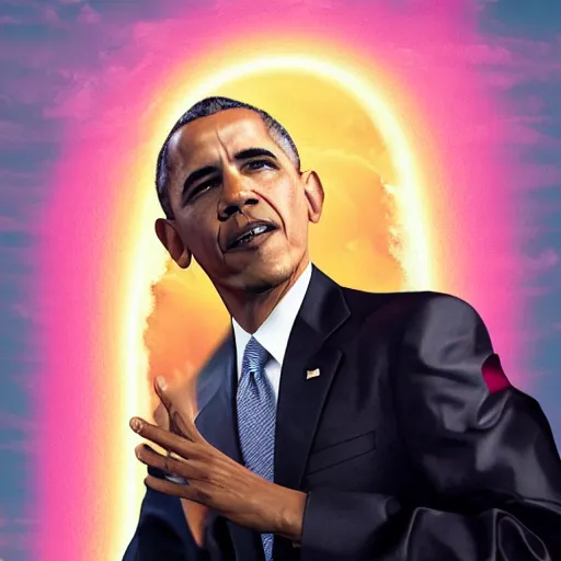Image similar to barack obama riding a pink dragon breathing rainbows, 8k, hyperrealism, magic