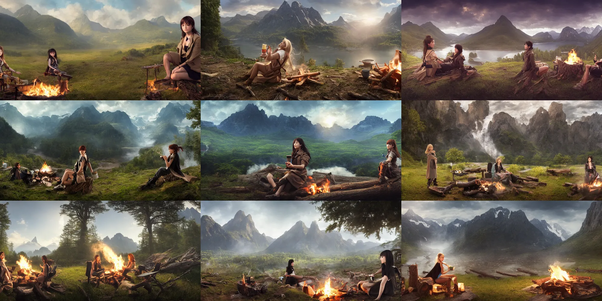 Prompt: Panoramic photograph on a girl from Final Fantasy live action, with short black hair and green eyes in a tan trenchcoat sitting on a log and drinking tea by the campfire by her motorrad at night, ray tracing, large landscape with village, beautiful, mountains, waterfalls, award winning, masterpiece digital painting by Greg Rutkowski, Alex Grey, artstation, 4k wallpaper, Jakub Rozalski