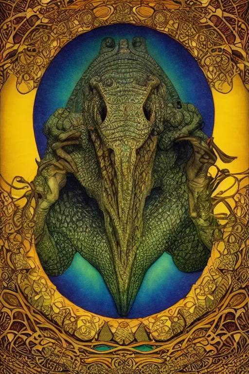 Prompt: beautiful crocodile headed god by maxfield parrish, mandala, coherent design, vivid colors, digital watercolor ink illustration painting, extremely dull colors, golden ratio, detailed, sharp lines, sharp focus, intricate, artgerm, gustave dore, alphonse mucha, octane render