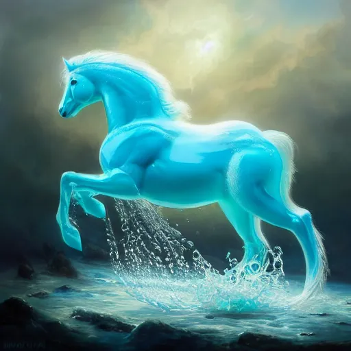 Image similar to a fantastical transparent small turquoise spirit horse made of water and foam and algae and ice, splashing water, wave, translucent, ethereal, noble, radiant, hyperalism, scottish folklore, digital painting, artstation, concept art, smooth, 8 k frostbite 3 engine, ultra detailed, art by artgerm and greg rutkowski and magali villeneuve