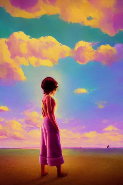 Image similar to closeup, giant lilac flower head, girl on beach, surreal photography, golden hour, colorful clouds, impressionist painting, digital painting, artstation, simon stalenhag