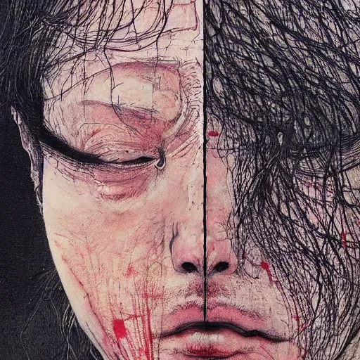 Image similar to a simple concept art portrait of a man in anguish, an award winning yoshitaka amano digital art, by, james gurney and gerhard richter. art by takato yamamoto. masterpiece, deep colours.