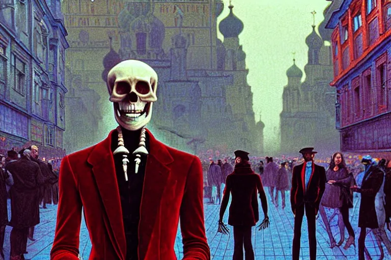 Image similar to realistic detailed photorealistic film portrait shot of a single skeleton wearing crimson velvet blazer in a crowded futuristic moscow street by Denis Villeneuve, Amano, Yves Tanguy, Alphonse Mucha, Ernst Haeckel, Andrei Tarkovsky, Edward Robert Hughes, Roger Dean, rich moody colours, wide angle, blue eyes