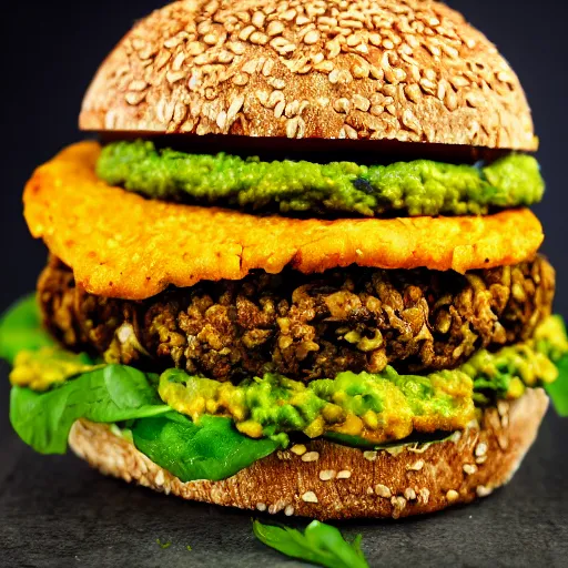 Image similar to vegan hamburger with guacamole and crispy fried onion and fried egg toppings, crispy buns, 8 k resolution, studio lighting, sharp focus, hyper - detailed