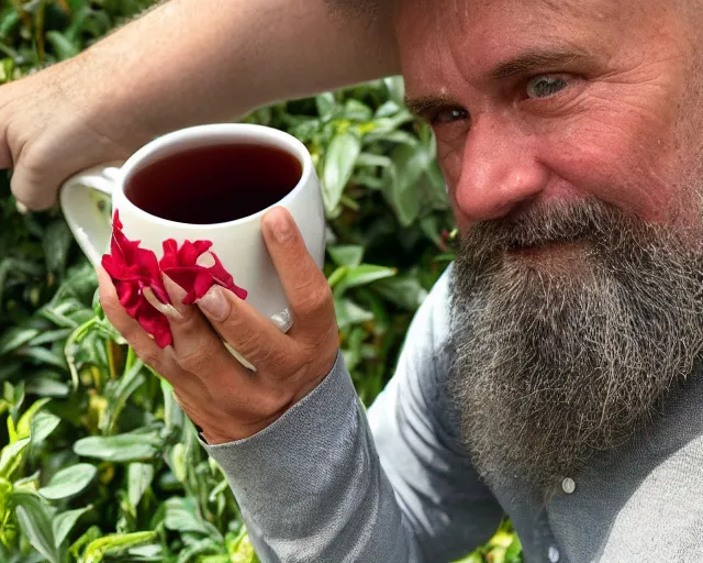 Image similar to mr robert is drinking fresh tea in a garden from spiral mug, detailed calm face, grey short beard, golden hour, red elegant shirt