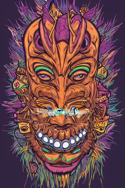 Image similar to totem animal mask tribal feather gemstone plant wood rock shaman vodoo video game vector illustration vivid multicolor borderlands comics by josan gonzales and dan mumford radiating a glowing aura