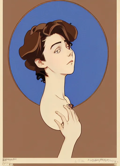Prompt: art nouveau portrait of a woman with short brown hair, blue eyes, thick rim glasses, jeans and t shirt, sad expression, scared, head down, shy and demure, natural lighting, path traced, highly detailed, high quality, cartoon, digital painting, by don bluth and ross tran and studio ghibli and alphonse mucha