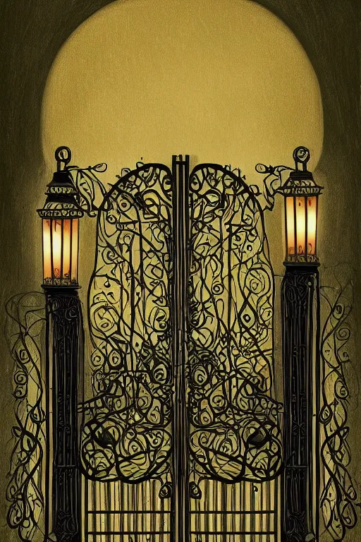 Image similar to a beautiful digital illustration painting of a detailed gothic fantasy fireflies and iron gate vines by giorgio de chirico, and david rios ferreira. 8 k resolution trending on artstation concept art digital illustration