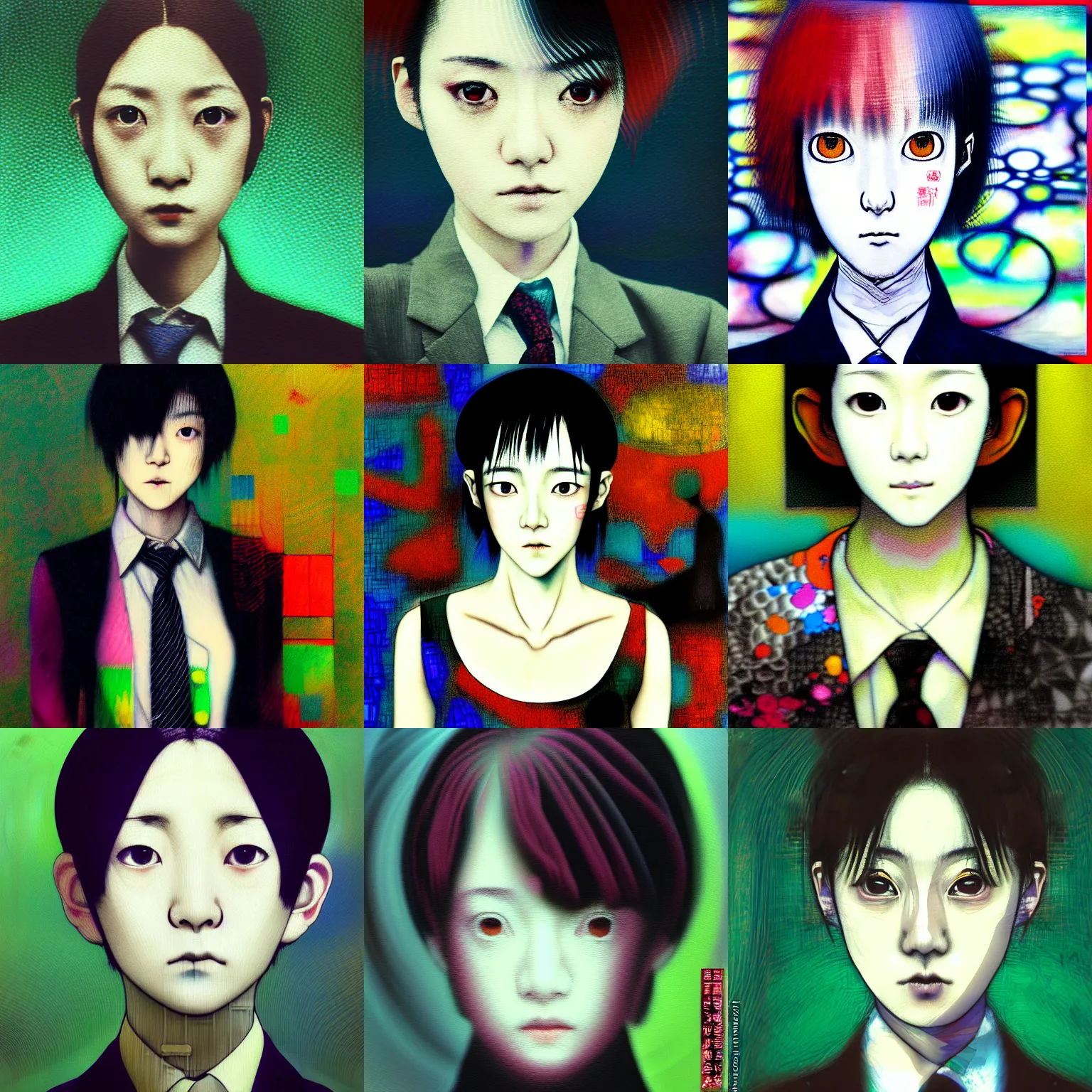 Prompt: yoshitaka amano blurred and dreamy realistic three quarter angle portrait of a young woman with short hair and black eyes wearing office suit with tie, junji ito abstract patterns in the background, satoshi kon anime, chungking express color palette, noisy film grain effect, highly detailed, renaissance oil painting, weird portrait angle, blurred lost edges