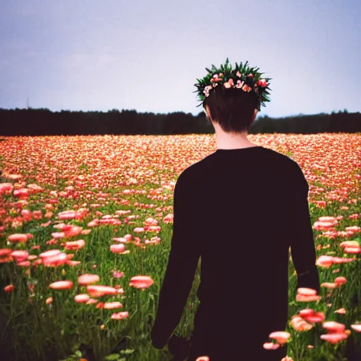 Image similar to kodak portra 4 0 0 photograph of a skinny blonde goth guy standing far back in a field of flowers, back view, flower crown, moody lighting, telephoto, 9 0 s vibe, blurry background, vaporwave colors, faded!,