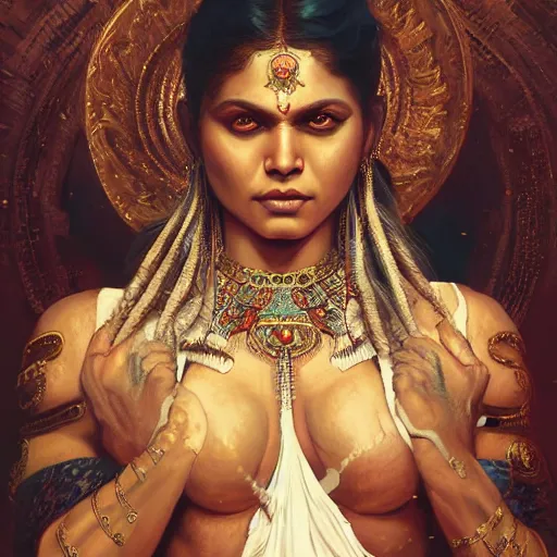 Image similar to portrait painting of a muscular bloodied indian goddess, ultra realistic, concept art, intricate details, eerie, highly detailed, photorealistic, octane render, 8 k, unreal engine. art by artgerm and greg rutkowski and alphonse mucha