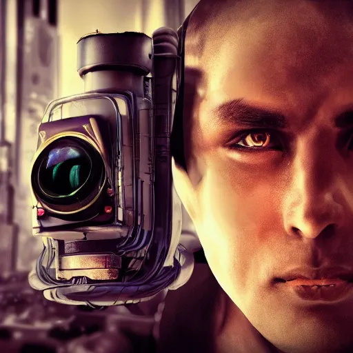 Prompt: a man with cameras for eyes connected to a machine with tubes, futuristic, gothic, sci-fi, brutalism, hyperdetailed, Cinematic, Kinemacolor, Massive, Artstation, 8k