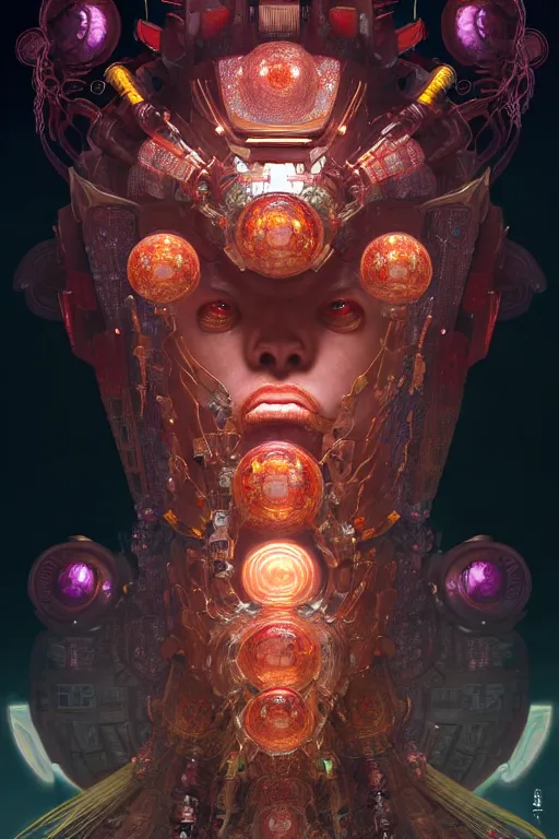 Image similar to asura from chinese myth, ghost, gorgeous and huge head ornaments, dystopian, cyberpunk, organic fractal mycelum and fungi, mecha, halfturn portrait of a big crystal face made of crystals half - turn, ominous, intricate, studio, art by anthony macbain + greg rutkowski + alphonse mucha, concept art, 4 k, sharp focus