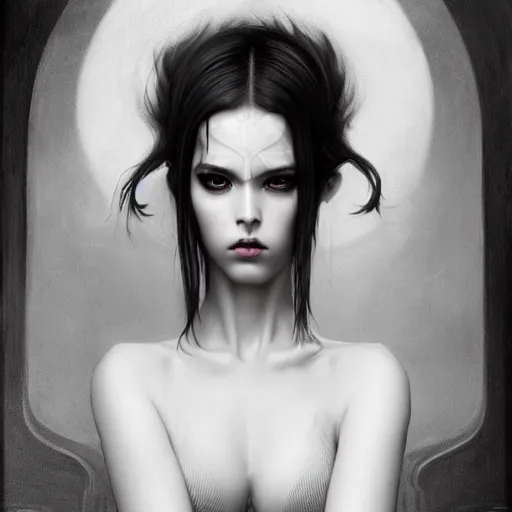 Image similar to By Tom Bagshaw, ultra realist soft painting of an attractive slim curvy cyberpunk anime female fully body armored, with thin lustrous long hair floating, photorealistic eyes render, looking at camera, curiosities carnival, symmetry accurate features, very intricate details, focus, dark fantasy background black and white