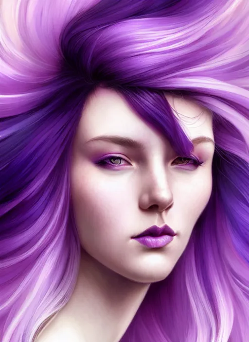 Image similar to Purple hair relistic Portrait of a woman with bright colored flying hair, all shades of purple. Hair coloring, long hair, fantasy, intricate, elegant, highly detailed, digital painting, artstation, concept art, smooth, sharp focus, illustration, art by artgerm and greg rutkowski and alphonse mucha