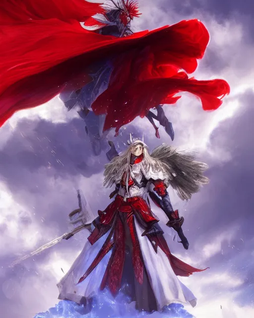 Prompt: A Full View of a Red Mage wearing magical shining armor and a feathered hat surrounded by an epic cloudscape. Magus. Red Wizard. Magimaster. Conquistador armor. Red and white stripes. Fantasy Illustration. masterpiece. 4k digital illustration. by Ruan Jia and Mandy Jurgens and Artgerm and greg rutkowski and Alexander Tsaruk and WLOP and Range Murata, award winning, Artstation, art nouveau aesthetic, Alphonse Mucha background, intricate details, realistic, panoramic view, Hyperdetailed, 8k resolution, intricate art nouveau