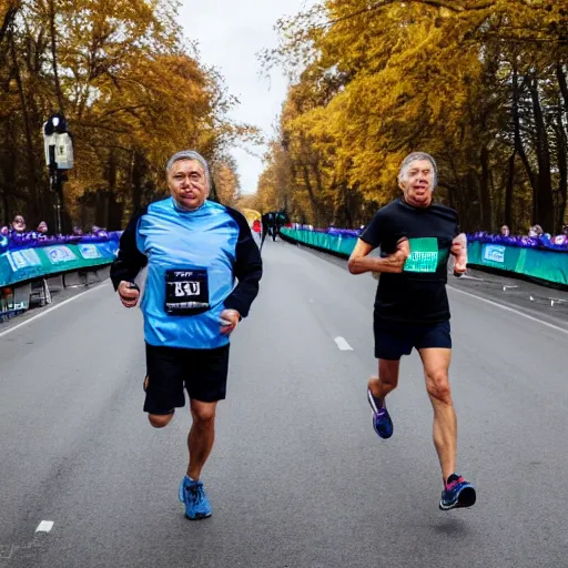 Image similar to Viktor Orban and Ferenc Gyurcsany running a marathon together, 8k, award winning photography, high quality
