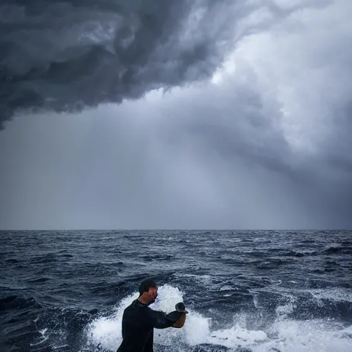 Prompt: man holding the ship's wheel during a storm at sea