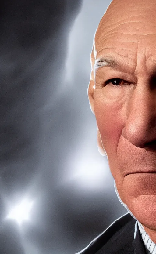 Prompt: Patrick Stewart as Professor X, backlit lighting, atmospheric fog