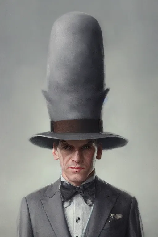 Image similar to a grey hair halfling stubble tophat and suit by Greg Rutkowski, painting, portrait, HD, high details, trending on artstation