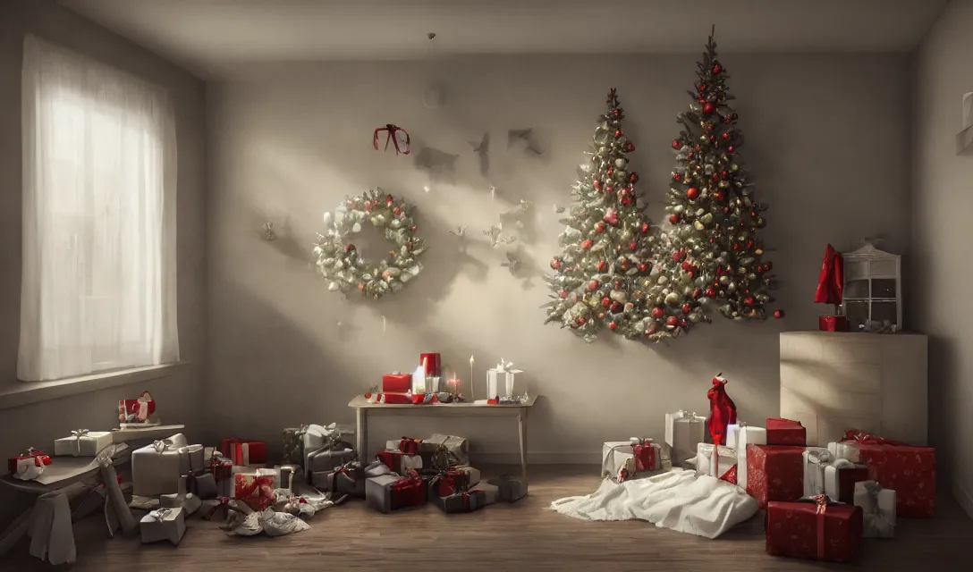 Prompt: a christmas eve photorealistic painting on the wall, ascher clemens, home, interior, octane render, deviantart, greg rutkowski, cinematic, key art, hyperrealism, canon eos c 3 0 0, ƒ 1. 8, 3 5 mm, 8 k, medium - format print