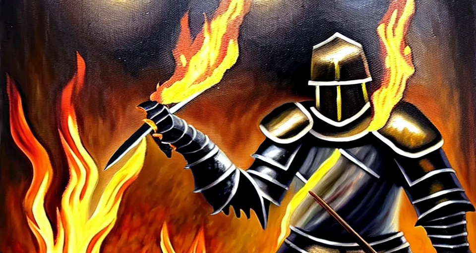 Image similar to An oil painting of a knight in dark metal armor wielding a flaming sword