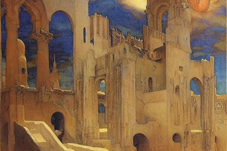 Image similar to ancient moorish city by the sea by Annie Swynnerton and Nicholas Roerich and jean delville, strong dramatic cinematic lighting , ornate painted architecture, lost civilizations, smooth, sharp focus, extremely detailed