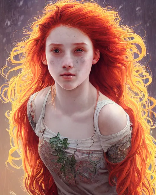 Image similar to portrait of 1 4 - year - old girl with flaming red hair, a lot of freckles, and bright brown eyes, wearing shirt, hyper realistic face, beautiful eyes, fantasy art, in the style of greg rutkowski, intricate, alphonse mucha, hyper detailed, smooth