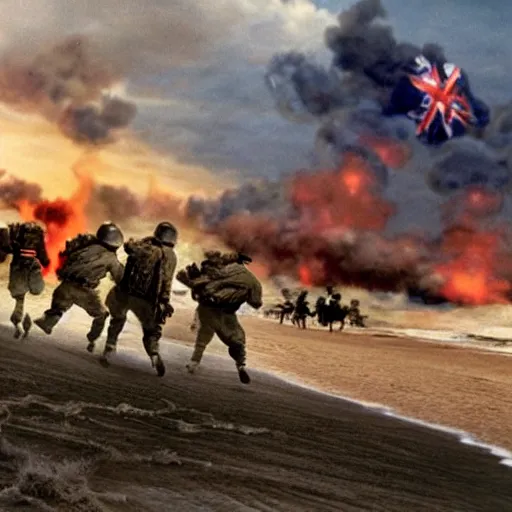 Image similar to film still of D-day storming the beach at Normandy in the style of Disney Pixar Up (2009)