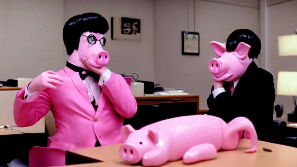 Image similar to a man wearing a pink suit and a pink pig mask sitting in an office, film still from the an anime directed by Katsuhiro Otomo with art direction by Salvador Dalí, wide lens