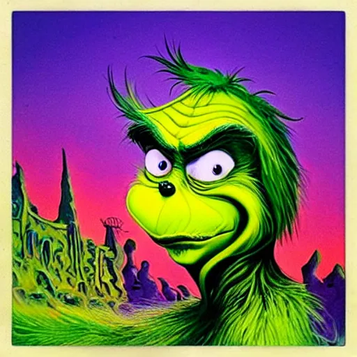 Prompt: “the grinch painted by Salvador Dali in the psychedelic desert , Disney art style xtencio Halloween night.”