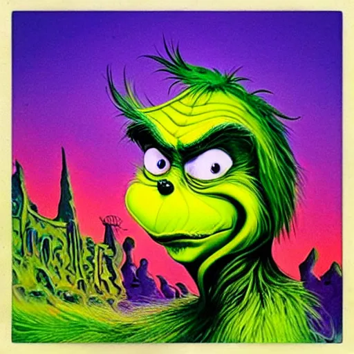 Image similar to “the grinch painted by Salvador Dali in the psychedelic desert , Disney art style xtencio Halloween night.”