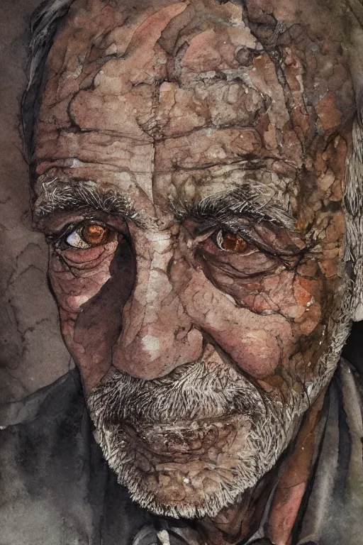 Prompt: portrait of a old man with aquarelle painted skin. trying to say something. close up. very dark brown hair, light eyes. intricate dark flowers pattern background, high detail, by Eddie Mendoza