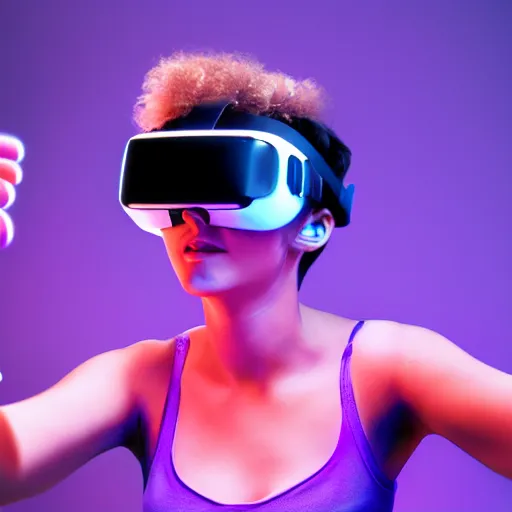 Prompt: digital art of a woman playing with a vr headset in a blu and purple lit neon room