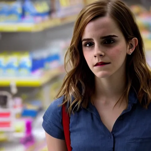 Prompt: emma watson, inside kmart, film still,