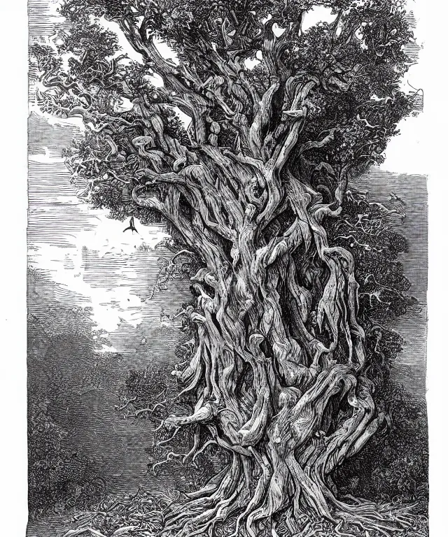 Image similar to ancient gnarled oak, tree of life on top of an open book, art by james o barr and albrecht durer and gustave dore, woodblock print, engraved, black and white, vector, vector art