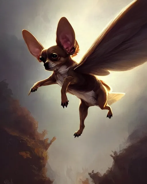 Image similar to a cute magical flying chihuahua with wings, fantasy art drawn by disney concept artists, greg rutkowski, golden colour, high quality, highly detailed, elegant, sharp focus, concept art, character concepts, digital painting, mystery, adventure
