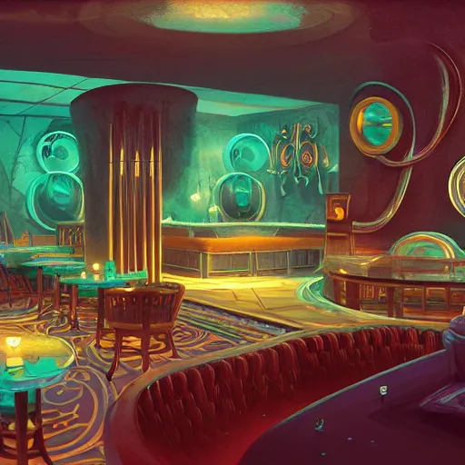 Image similar to beautiful Peter Mohrbach and tyler edlin highly detailed illustration of an underwater art deco lounge. bioshock, rapture, trending on artstation