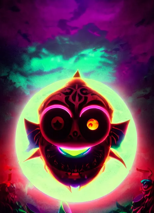 Prompt: majora\'s mask evil moon looking at the viewer maniacally, legend of zelda, dramatic lighting, cinematic, film, dynamic pose, movie scene, colorful, dark art, concept art, 8K, actor as role, octane render, visionary art, artstation,neon lighting, intense shadows