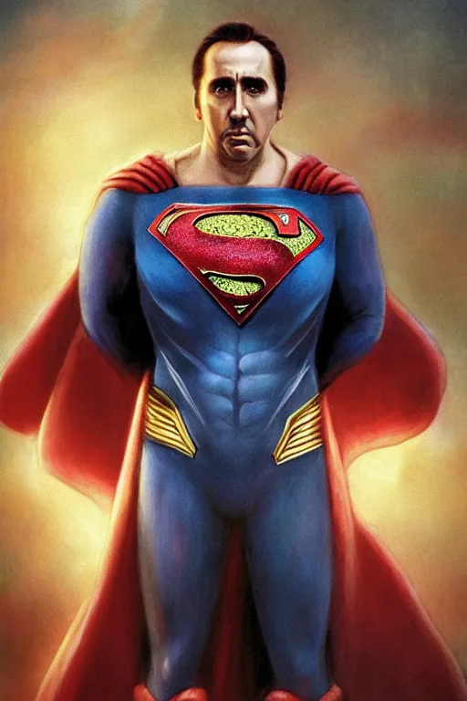 Image similar to Portrait of Nicolas Cage as superman, DC, dark fantasy, intricate, smooth, artstation, painted by Wayne Barlowe, Greg Rutkowski, Zdislav Beksinski