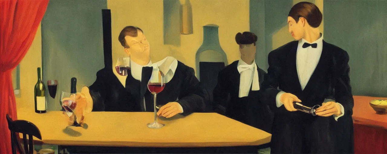 Prompt: a sharp-dressed sommelier pouring a glass of expensive wine for a discerning guest at a fancy restaurant, picture in the style of Edward Hopper