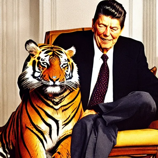 Image similar to [ ronald reagan sitting in chair with a tiger lying at his feet ]