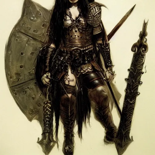 Image similar to portrait of a goth emo girl wearing armor and holding sword by frank fazetta simon bisley, fantasy, barbarian