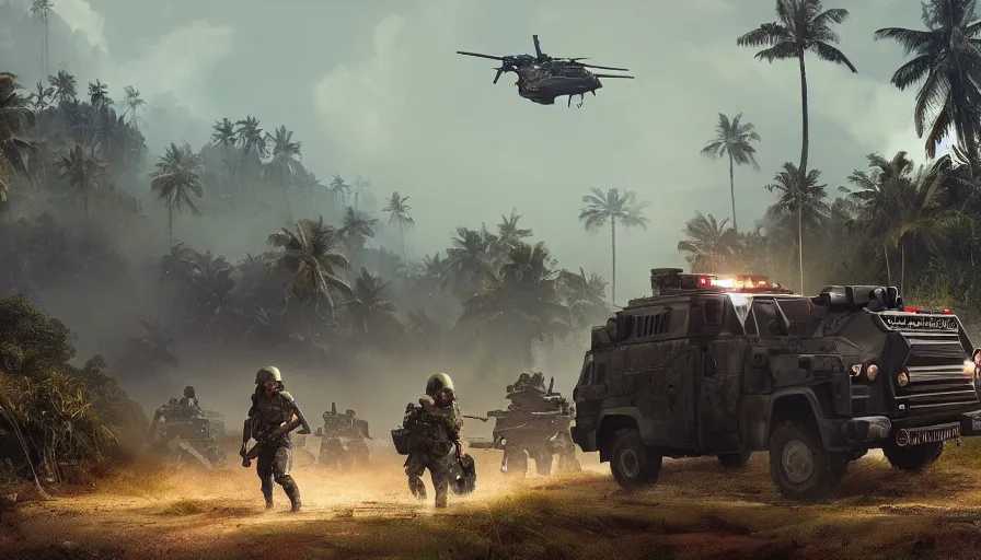 Image similar to a militarized police vehicle riding through a kerala village, troops searching the area, furious action scene, an epic fantasy, dramatic lighting, cinematic, establishing shot, extremely high detail, photorealistic, cinematic lighting, artstation, matte painting, octane render, by simon stalenhag, shadow of the tomb raider, aesthetic