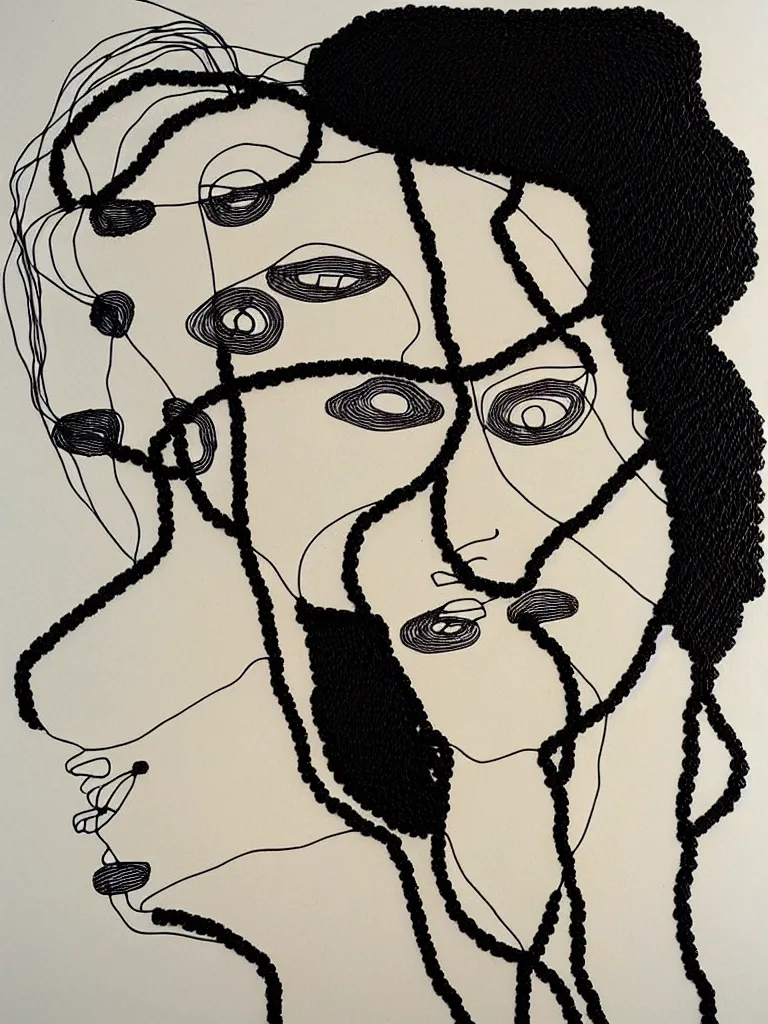 Image similar to beautiful elegant female portrait, black wire art, inspired by single line drawings from egon schiele, the bauhaus, henri matisse.